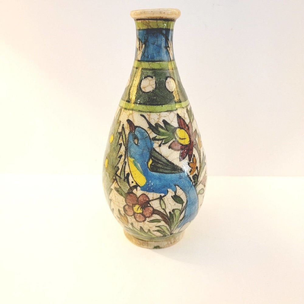 Antique Iznik Bottle Vase Persian Qajar Pottery Hand Thrown & Painted 8" Tall EC